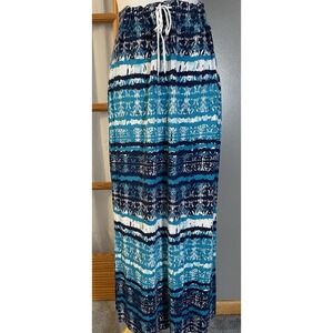 Women's Printed Maxi Skirt Sz L Blue  Rayon Pull On High Slit Beach Boho Party